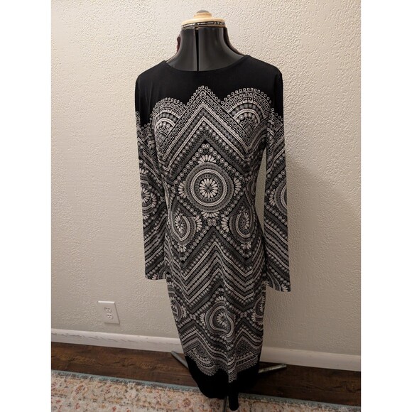 Maggie London Long Sleeve Black And White Round Neck Sheath Dress Size 8 - Picture 1 of 14